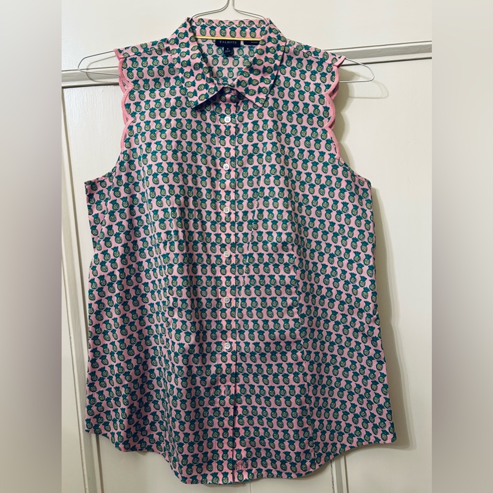 Sleeveless, scalloped Pink and Green pineapple Talbots top